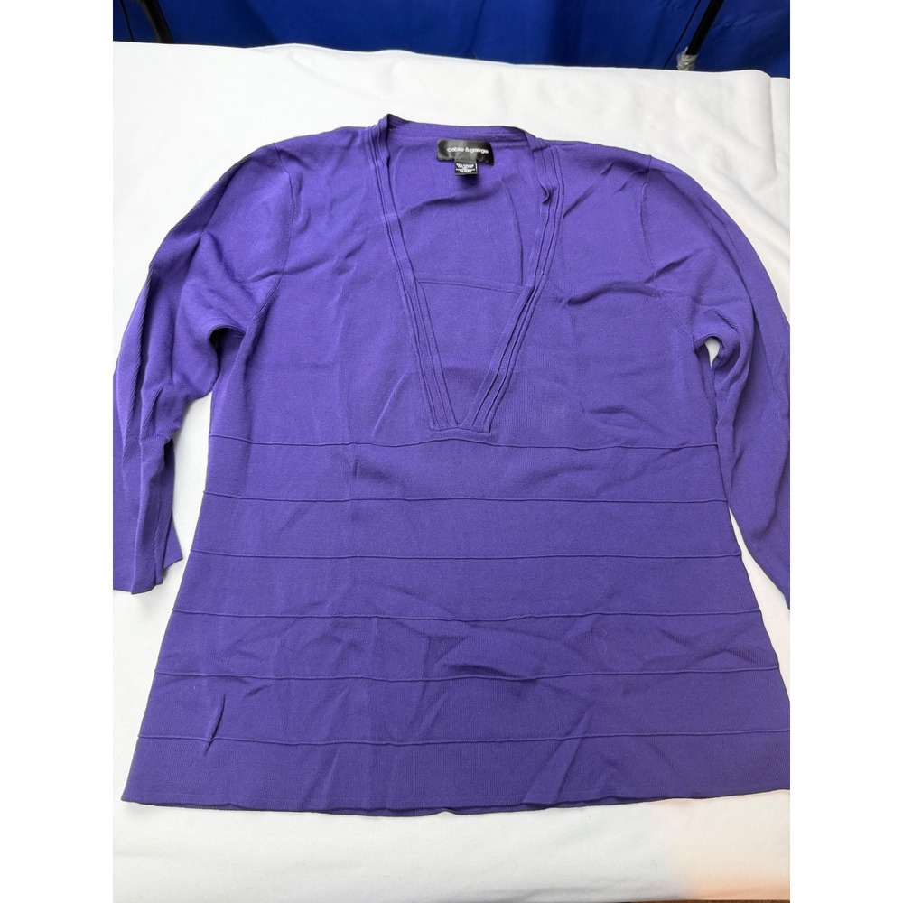 Cable & Gauge Purple V-Neck Knit Top 3/4 Sleeve Ribbed Pullover XL